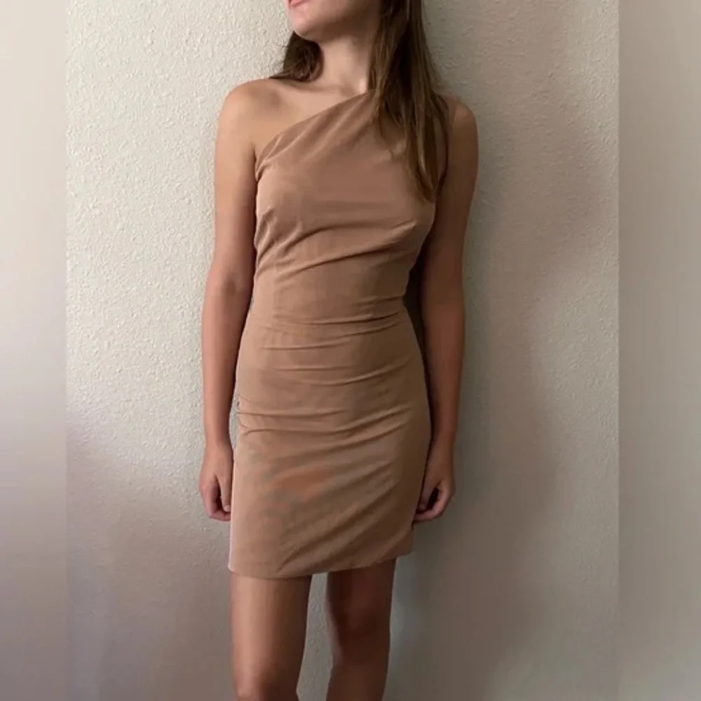 Bronx and Banco | Dresses | Bronx And Banco One Shoulder Mesh Mini Dress  Golden Tan | Poshmark